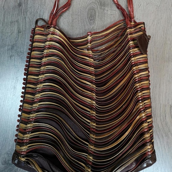 70s vintage handmade handwoven multicolor striped ethnic bucket tote bag