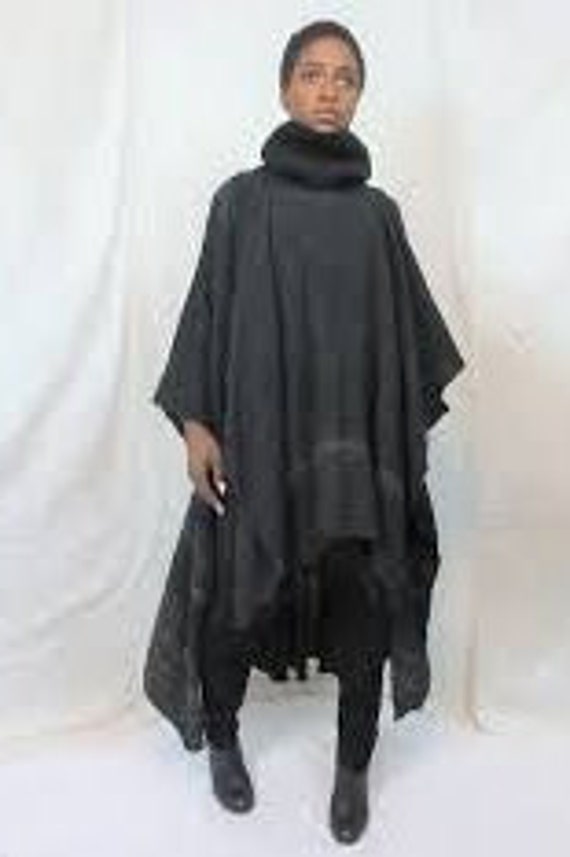 Y2k Neo-Vintage vir-go' Eco-Lux Poncho Wrap Coat - Black Grey Ombre, Cotton Linen Silk Blend, Slubby Rib Texture, Chic Layering for Spring