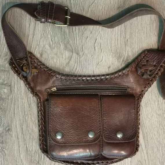 Unique 70s Whip-stitched Waist Pack - Brown Boho Cross-Body Belt Bag, Perfect for Bohemian Gift