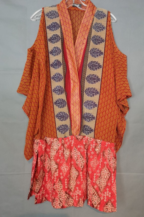 TheStyleMinr Vintage Collection: Neo-vintage Eco-lux Red Gold Printed Silk Georgette Dropped Waist Kimono Dress