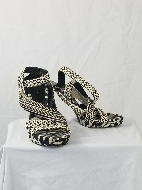 Y2k Vintage Dries van Noten Afro-centric leather black & white braided heeled strappy sandals, perfect vintage gift for women