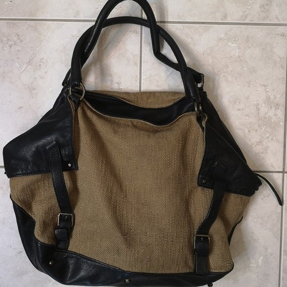 Exquisite BLACK Genuine Leather and TAN Linen Shoulder Bag | TheStyleMinr.com