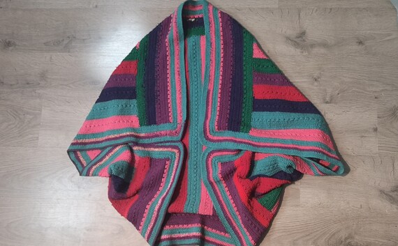 Eco-Lux Neo-Vintage Crochet Knit Shrug - Handcrafted Pink Wool, Striped Multicolor 3/4 Length Cardigan, Ideal Gift for Her