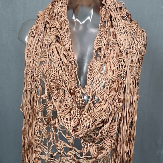 70s vintage BRONZE colored macrame crochet fringe handmade wrap shawl top