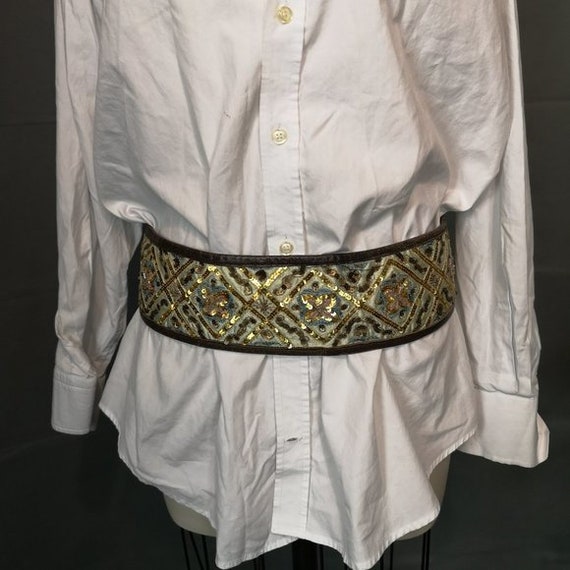Neo-Vintage Eco-Lux ethnic geometric pattern w/embroidered sequins wrapped cummerbund belt