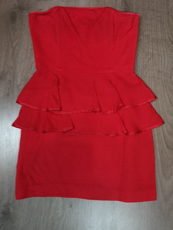 80s Asian silk jacquard red crepe Lida Baday ruffle peplum strapless mini cocktail dress gift for her