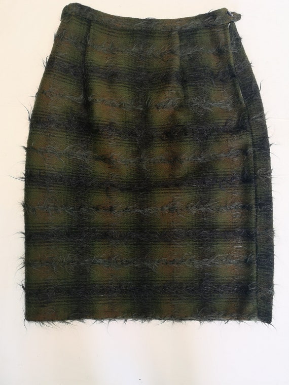 80s Green Vintage Mohair Plaid Pencil Skirt, Tapered Below Knee Retro Fashion, Chic Office Wear, Unique Birthday Gift for Her