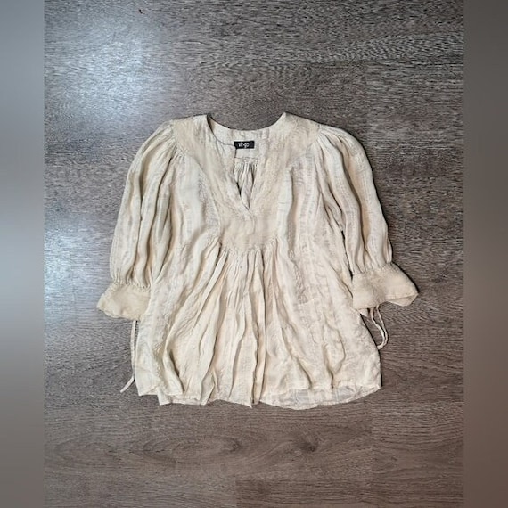 Handmade Y2K Peasant Silk Blouse - White Gold Pleated, 3/4 Sleeves - Fashion Statement Top - Birthday Gift Idea, Vintage Gift For Her