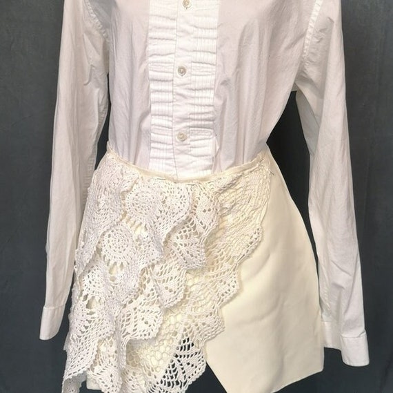 neo-vintage eco-lux vir-go' repurposed upcycled wrapped asymmetrical white vintage crochet mini skirt