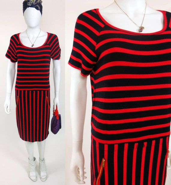 90s Calvin Klein drop waist sailor striped minimal jersey midi dress