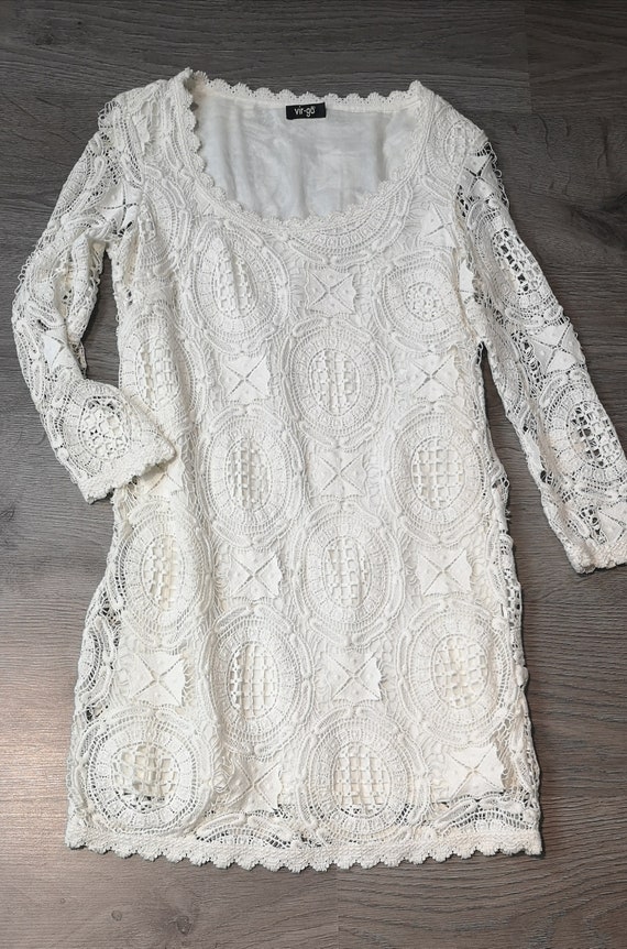 Boho Guipure Crochet Lace Mini Dress - 60s Vintag… - image 3