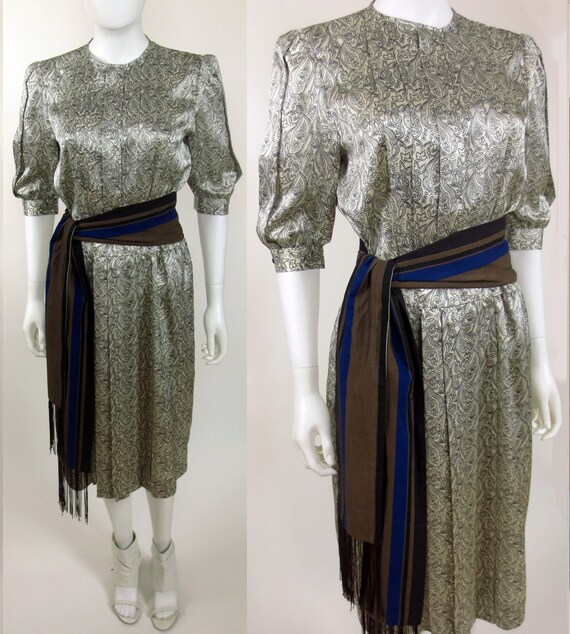 80s Albert Nipon paisley Working Girl printed satin dress gift for her midi dress