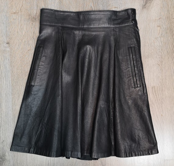 80s vintage leather flared black leather knee length skirt