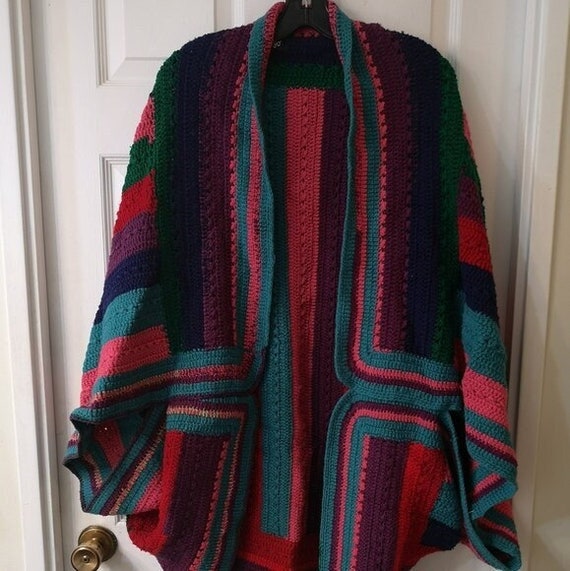 Shop the Y2K Neo-vintage Handmade Hand Crochet Striped Multicolor Wool Shrug Cardigan
