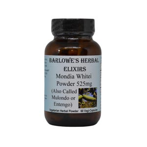 Puede incluir: Una botella marrón con una etiqueta blanca que dice "Barlowe's Herbal Elixirs Mondia Whitei Powder 525mg (Also Called Mulondo or Entengo) Vegetarian Herbal Powder 60 Vegi-Capsules".