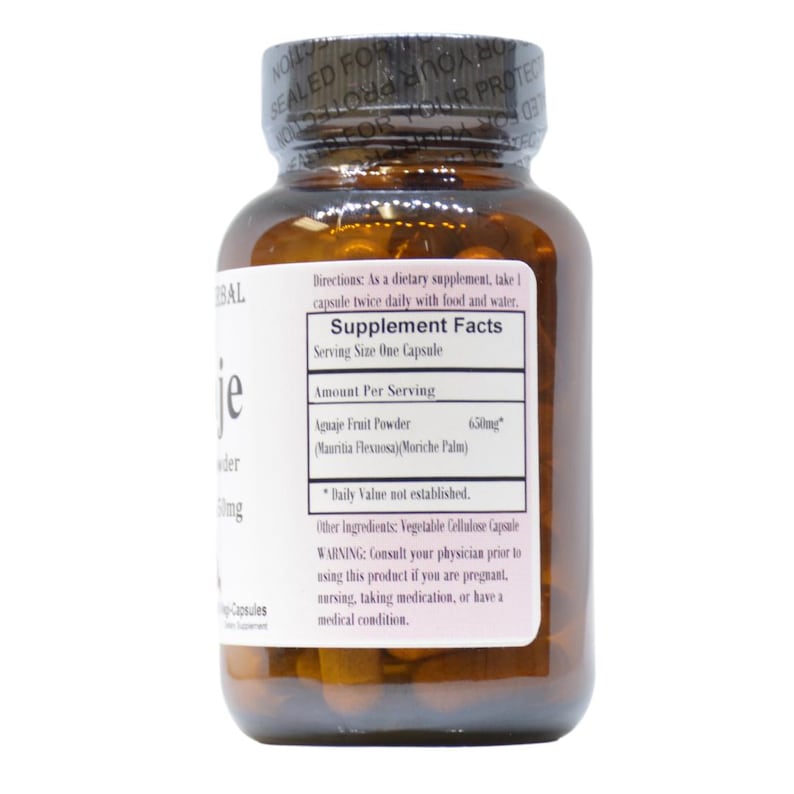 Puede incluir: Una botella de vidrio marr&oacute;n con una etiqueta blanca que dice "Supplement Facts". La etiqueta enumera los ingredientes y el tama&ntilde;o de la porci&oacute;n del suplemento de polvo de fruta de Aguaje. La botella est&aacute; sellada con una tapa a prueba de manipulaciones.