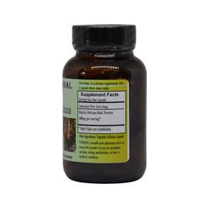 May include: A brown glass bottle of capsules with a black lid. The label includes the text "BAL" and "ana", along with supplement facts and directions for use. The bottle contains Kigelia Africana Bark Powder.