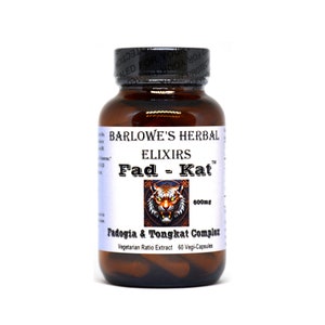 May include: A brown glass bottle with a black lid and a white label. The label says "Barlowe's Herbal Elixirs Fad - Kat 600mg Padogia & Tongkat Complex Vegetarian Ratio Extract 60 Vegi-Capsules".