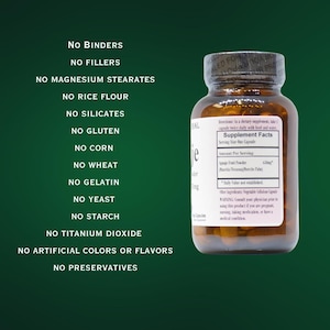 Puede incluir: Una botella marr&oacute;n con una etiqueta blanca que dice "Supplement Facts" y enumera los ingredientes. La botella est&aacute; etiquetada como "Botanical" y tiene una lista de ingredientes que no est&aacute;n incluidos en el producto, como aglutinantes, rellenos, estearatos de magnesio, harina de arroz, silicatos, gluten, ma&iacute;z, trigo, gelatina, levadura, almid&oacute;n, di&oacute;xido de titanio, colorantes o sabores artificiales y conservantes.