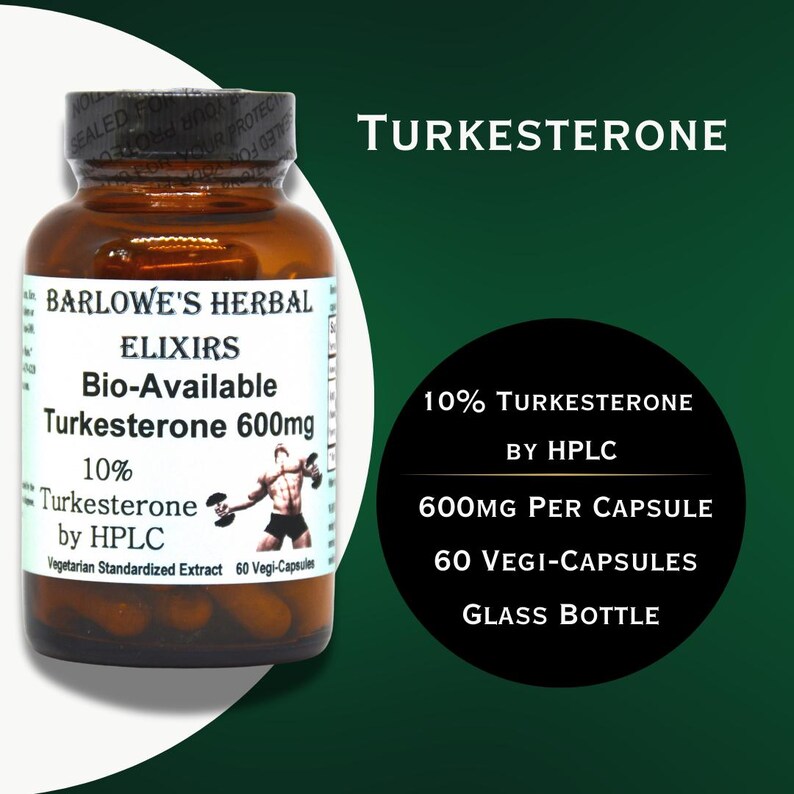May include: A brown glass bottle with a white label that reads "Barlowe's Herbal Elixirs Bio-Available Turkesterone 600mg 10% Turkesterone by HPLC Vegetarian Standardized Extract 60 Vegi-Capsules". The bottle is labelled with a picture of a man lifting weights. The bottle is sitting on a green background with a black circle that reads "10% Turkesterone by HPLC 600mg Per Capsule 60 Vegi-Capsules Glass Bottle".