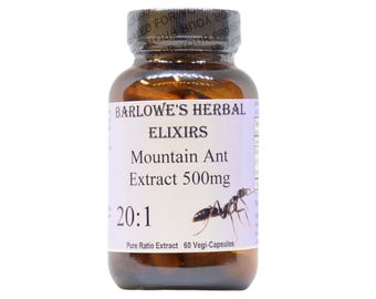 May include: A brown glass bottle with a white label that reads "BARLOWE'S HERBAL ELIXIRS Mountain Ant Extract 500mg 20:1 Pure Ratio Extract 60 Vegi-Capsules". An ant is pictured on the label.
