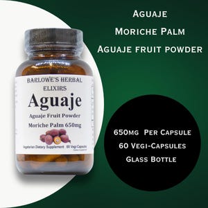 Puede incluir: Una botella de vidrio marr&oacute;n con una etiqueta blanca que dice "Barlowe's Herbal Elixirs Aguaje Aguaje Fruit Powder Moriche Palm 650mg Vegetarian Dietary Supplement 60 Vegi-Capsules". La botella contiene c&aacute;psulas marrones. La botella est&aacute; etiquetada con "650mg Per Capsule 60 Vegi-Capsules Glass Bottle" en texto blanco sobre un fondo negro.