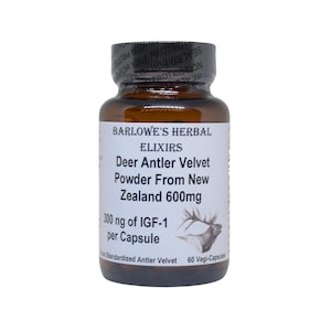 May include: A brown glass bottle with a white label that reads "Barlowe's Herbal Elixirs Deer Antler Velvet Powder From New Zealand 600mg 300 ng of IGF-1 per Capsule Standardized Antler Velvet 60 Vegi-Capsules". The label also features a drawing of a deer.