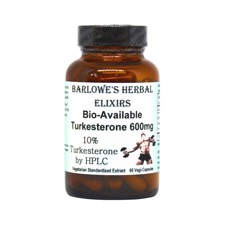 May include: A brown glass bottle with a white label that reads "Barlowe's Herbal Elixirs Bio-Available Turkesterone 600mg 10% Turkesterone by HPLC Vegetarian Standardized Extract 60 Vegi-Capsules".
