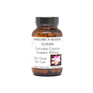 May include: A brown glass bottle with a white label that reads "Barlowe's Herbal Elixirs Curcuma Comosa Powder 600mg Wan-Chuk Mat-Luk Vegetarian Herbal Powder 60 Vegi-Capsules". The bottle contains capsules and has a pink flower on the label.