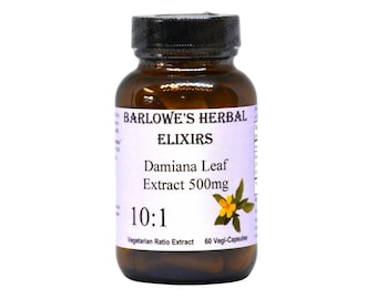 May include: A brown glass bottle with a white label that reads "Barlowe's Herbal Elixirs Damiana Leaf Extract 500mg 10:1 Vegetarian Ratio Extract 60 Vegi-Capsules".