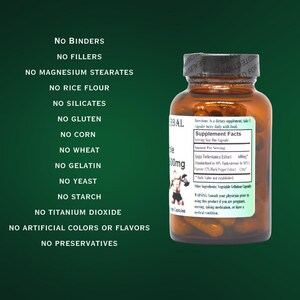 May include: A brown glass bottle with a white label that reads "Herbal Supplement Facts" and lists the ingredients: "Eucommia Turkestanica Extract (Standardized to 10% Turkestanone) 400mg", "Piperine (95% Black Pepper Extract) 12mg". The bottle is labelled "No Binders, No Fillers, No Magnesium Stearates, No Rice Flour, No Silicates, No Gluten, No Corn, No Wheat, No Gelatin, No Yeast, No Starch, No Titanium Dioxide, No Artificial Colours or Flavours, No Preservatives".