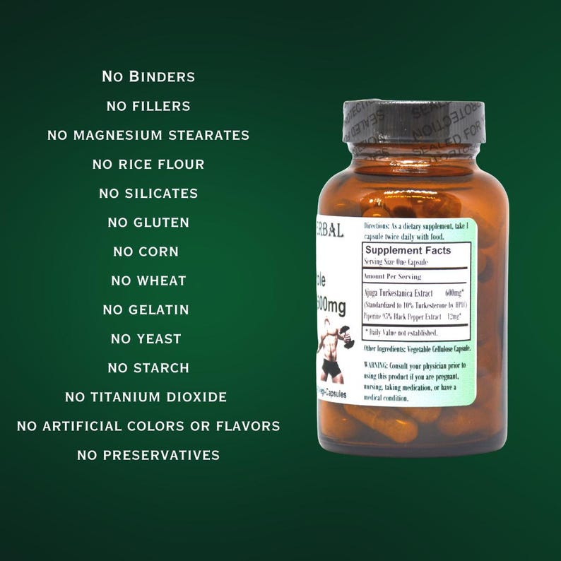 May include: A brown glass bottle with a white label that reads "Herbal Supplement Facts" and lists the ingredients: "Eucommia Turkestanica Extract (Standardized to 10% Turkestanone) 400mg", "Piperine (95% Black Pepper Extract) 12mg". The bottle is labelled "No Binders, No Fillers, No Magnesium Stearates, No Rice Flour, No Silicates, No Gluten, No Corn, No Wheat, No Gelatin, No Yeast, No Starch, No Titanium Dioxide, No Artificial Colours or Flavours, No Preservatives".