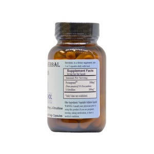 May include: A brown glass bottle filled with capsules. The label includes the text "HERBAL" and "L-Citrulline". The supplement facts are listed on the label, including the amount per serving of Pycnogenol and L-Citrulline.