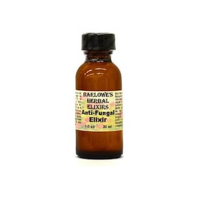 May include: A small brown glass bottle with a black cap. The label reads "Barlowe's Herbal Elixirs Anti-Fungal Elixir" and includes the measurements "1 fl oz" and "30 ml".