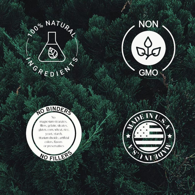 May include: Image featuring four circular white labels with black text and icons against a backdrop of green foliage. The labels state "100% Natural Ingredients", "Non GMO", "No Binders No Fillers", and "Made in U.S.A."