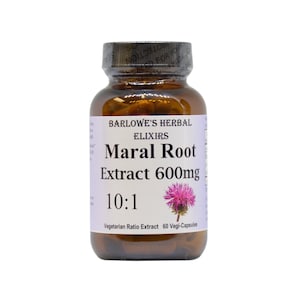 May include: A brown bottle of Maral Root Extract 600mg, 10:1 Vegetarian Ratio Extract, 60 Vegi-Capsules by Barlowes Herbal Elixirs.