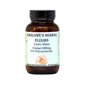 May include: A brown glass bottle of Barlowe's Herbal Elixirs Lion's Mane Extract 600mg capsules. The label includes the text "50% Polysaccharides" and "Vegetarian Standardized Extract 60 Vegi-Capsules". The bottle has a black cap.