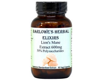 May include: A brown glass bottle of Barlowe's Herbal Elixirs Lion's Mane Extract 600mg capsules. The label includes the text "50% Polysaccharides" and "Vegetarian Standardized Extract 60 Vegi-Capsules". The bottle has a black cap.