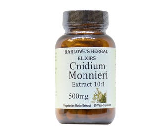 May include: A brown glass bottle with a white label that reads "Barlowe's Herbal Elixirs Cnidium Monnieri Extract 10:1 500mg Vegetarian Ratio Extract 60 Vegi-Capsules".