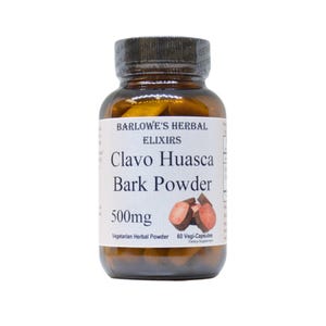 May include: A brown glass bottle of Barlowe's Herbal Elixirs Clavo Huasca Bark Powder. The label indicates 500mg of vegetarian herbal powder in 60 vegi-capsules. The bottle has a dark brown cap and is sealed with a protective band.