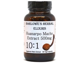 May include: A brown glass bottle with a white label that reads "BARLOWE'S HERBAL ELIXIRS Huanarpo Macho Extract 500mg 10:1 Vegetarian Ratio Extract 60 Vegi-Capsules".