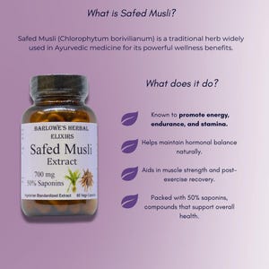 May include: A brown bottle with a white label that reads "Barlowe's Herbal Elixirs Safed Musli Extract 700 mg 50% Saponins Vegetarian Standardized Extract 60 Vegi-Capsules". The bottle is sitting on a purple background with text that reads "What is Safed Musli?" and "What does it do?" The text describes the benefits of Safed Musli, including promoting energy, endurance, and stamina.