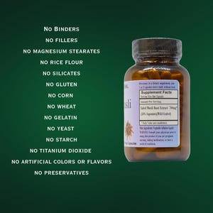 May include: A brown glass bottle with a white label that reads "Saled Musli Root Extract 700mg (50% Saponins) (Wild-Crafted)". The label also lists "Supplement Facts" and "Serving Size: One Capsule". The bottle is labeled "No Binders, No Fillers, No Magnesium Stearates, No Rice Flour, No Silicates, No Gluten, No Corn, No Wheat, No Gelatin, No Yeast, No Starch, No Titanium Dioxide, No Artificial Colors or Flavors, No Preservatives".