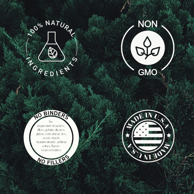 Puede incluir: Etiquetas circulares blancas con texto y gr&aacute;ficos sobre un fondo verde. Las etiquetas dicen "100% Ingredientes Naturales", "No GMO", "Sin aglutinantes Sin rellenos", y "Hecho en EE. UU."