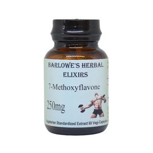 May include: A brown glass bottle with a black lid labeled "Barlowe's Herbal Elixirs 7-Methoxyflavone 250mg Vegetarian Standardized Extract 60 Vegi-Capsules". The label also features an image of a muscular man lifting weights.