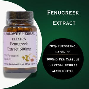 Puede incluir: Una botella de vidrio de extracto de fenogreco de 600 mg de Barlowes Herbal Elixirs. La botella es marr&oacute;n con una etiqueta blanca y contiene 60 c&aacute;psulas vegetales. La etiqueta indica que el extracto contiene 70% de saponinas de furostanol.