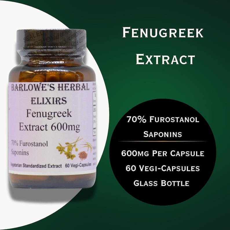 Puede incluir: Una botella de vidrio de extracto de fenogreco de 600 mg de Barlowes Herbal Elixirs. La botella es marr&oacute;n con una etiqueta blanca y contiene 60 c&aacute;psulas vegetales. La etiqueta indica que el extracto contiene 70% de saponinas de furostanol.