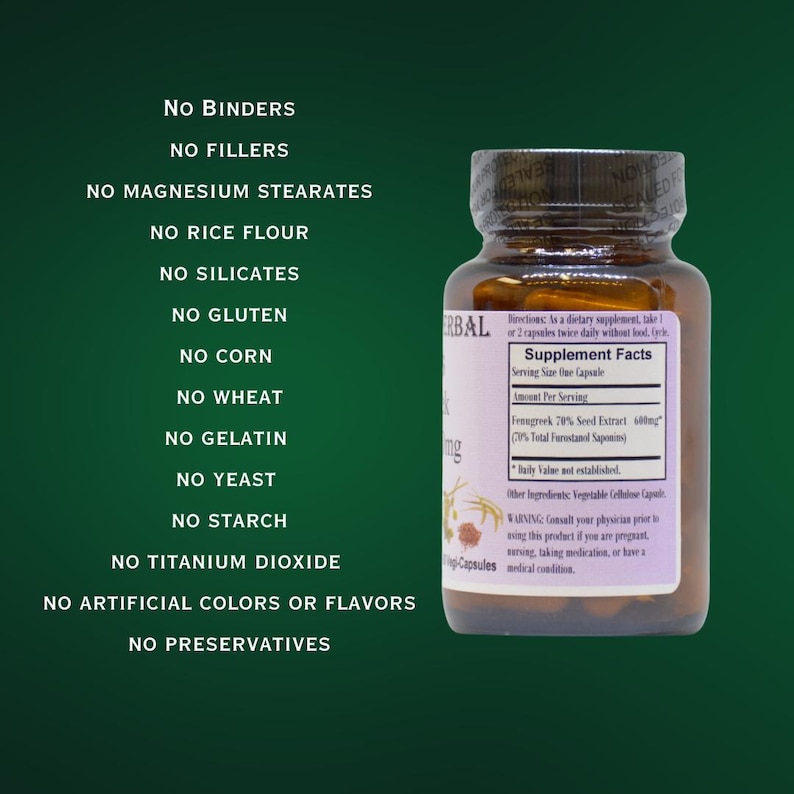 Puede incluir: Una botella de vidrio marr&oacute;n con una etiqueta blanca que dice "Informaci&oacute;n nutricional" y enumera los ingredientes y el tama&ntilde;o de la porci&oacute;n. La botella est&aacute; etiquetada como "Herbal" y tiene un fondo verde con un dise&ntilde;o floral. La botella est&aacute; libre de aglutinantes, rellenos, estearato de magnesio, harina de arroz, silicates, gluten, ma&iacute;z, trigo, gelatina, levadura, almid&oacute;n, di&oacute;xido de titanio, colorantes o sabores artificiales y conservantes.