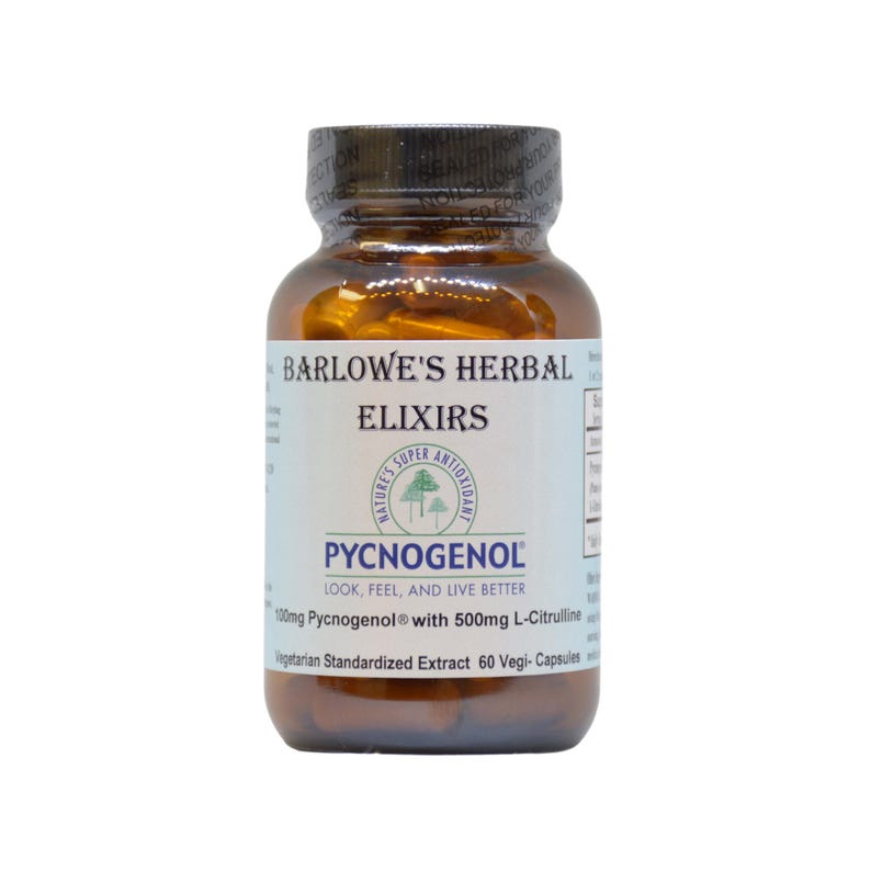 May include: A brown glass bottle of Barlowe's Herbal Elixirs Pycnogenol capsules. The label includes text, "Look, Feel, and Live Better," and "100mg Pycnogenol with 500mg L-Citrulline." The bottle contains 60 vegetarian capsules.
