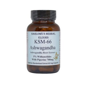 Pu&ograve; includere: Una bottiglia marrone di Barlow's Herbal Elixirs KSM-66 Ashwagandha, un integratore alimentare con il 5% di withanolidi e 700 mg di piperina. La bottiglia contiene 60 capsule vegetariane.